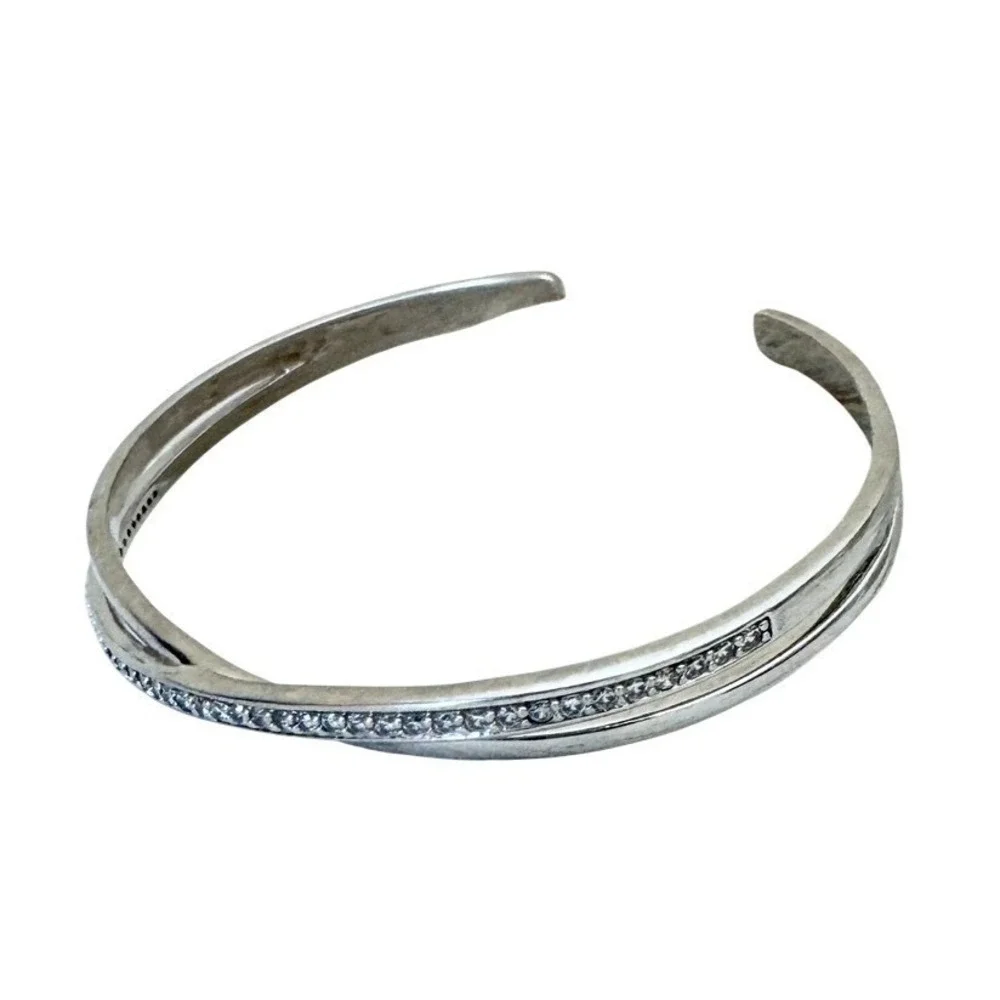 Silver‎ Tone Cuff Bracelet Crystal Crossover Open Bangle Double Band